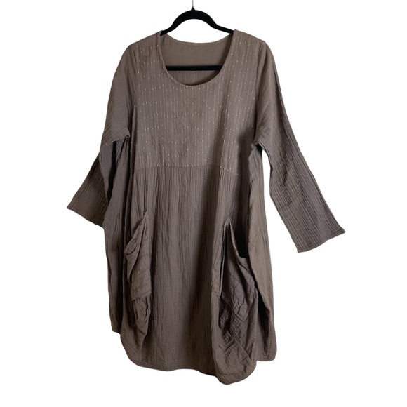 Gauze Brown front pockets Women's dress 100% Cotton